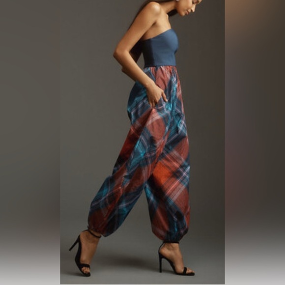 Anthropologie Maeve Gathered Balloon Jumpsuit Plaid Harem Strapless Blue sz M - Picture 3 of 8